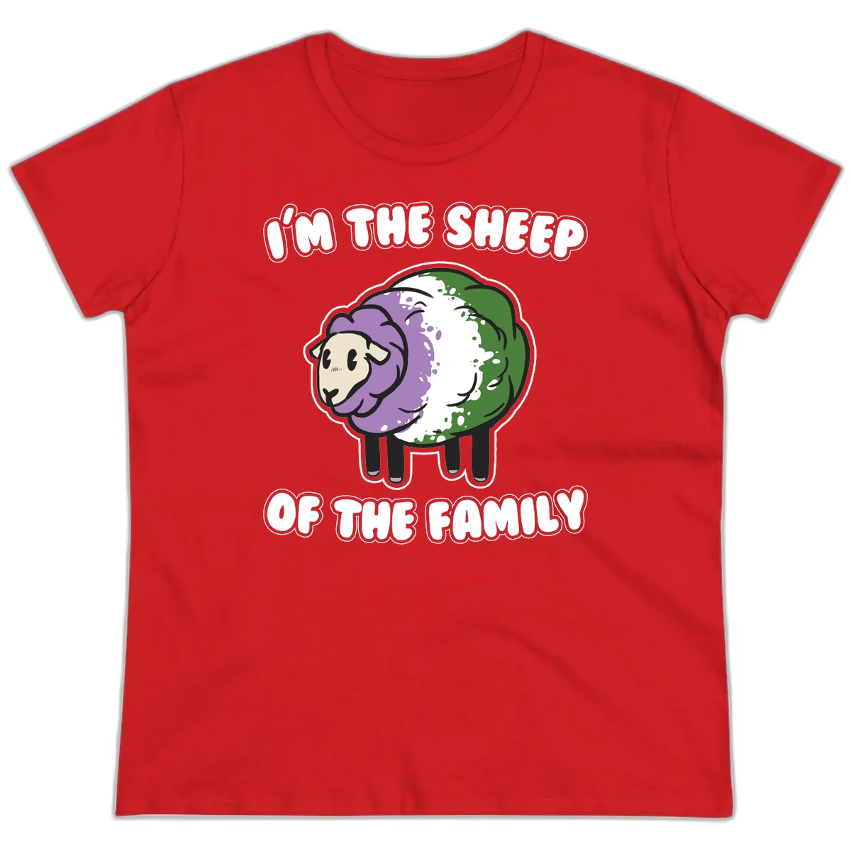 Cartoon sheep with purple, white, and green wool displaying 'I'm The Sheep Of The Family' text design in Red