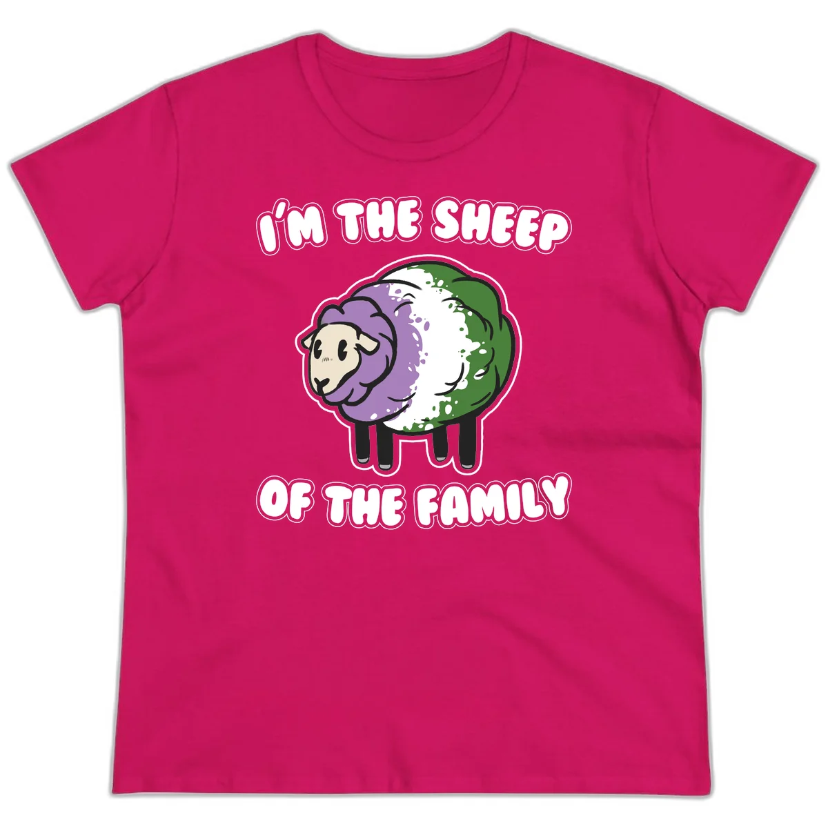 Cartoon sheep with purple, white, and green wool displaying 'I'm The Sheep Of The Family' text design in Heliconia