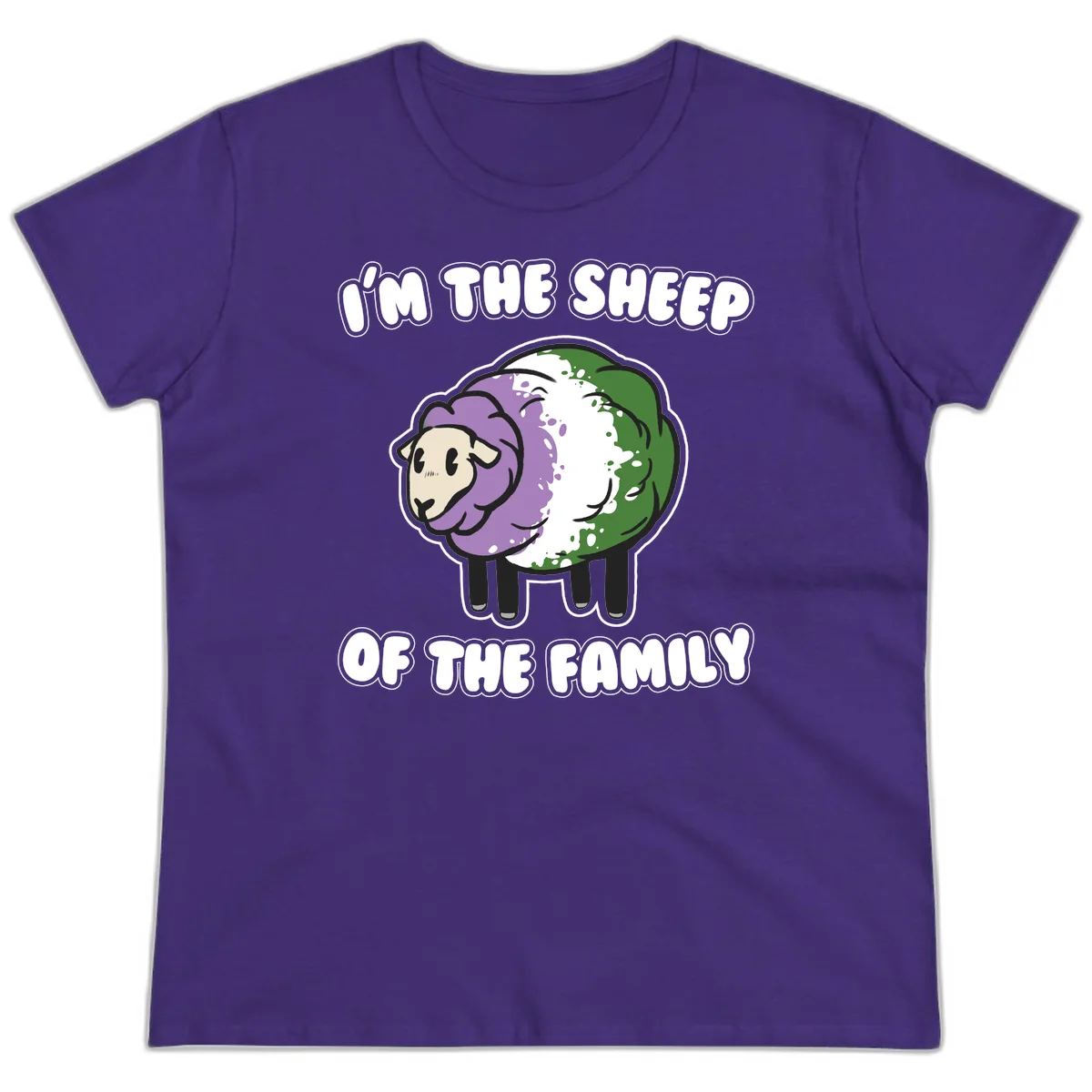 Cartoon sheep with purple, white, and green wool displaying 'I'm The Sheep Of The Family' text design in Purple