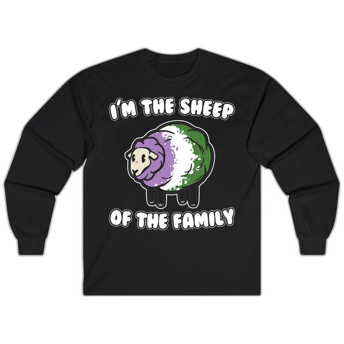Cartoon sheep with purple, white, and green wool displaying 'I'm The Sheep Of The Family' text design in Black