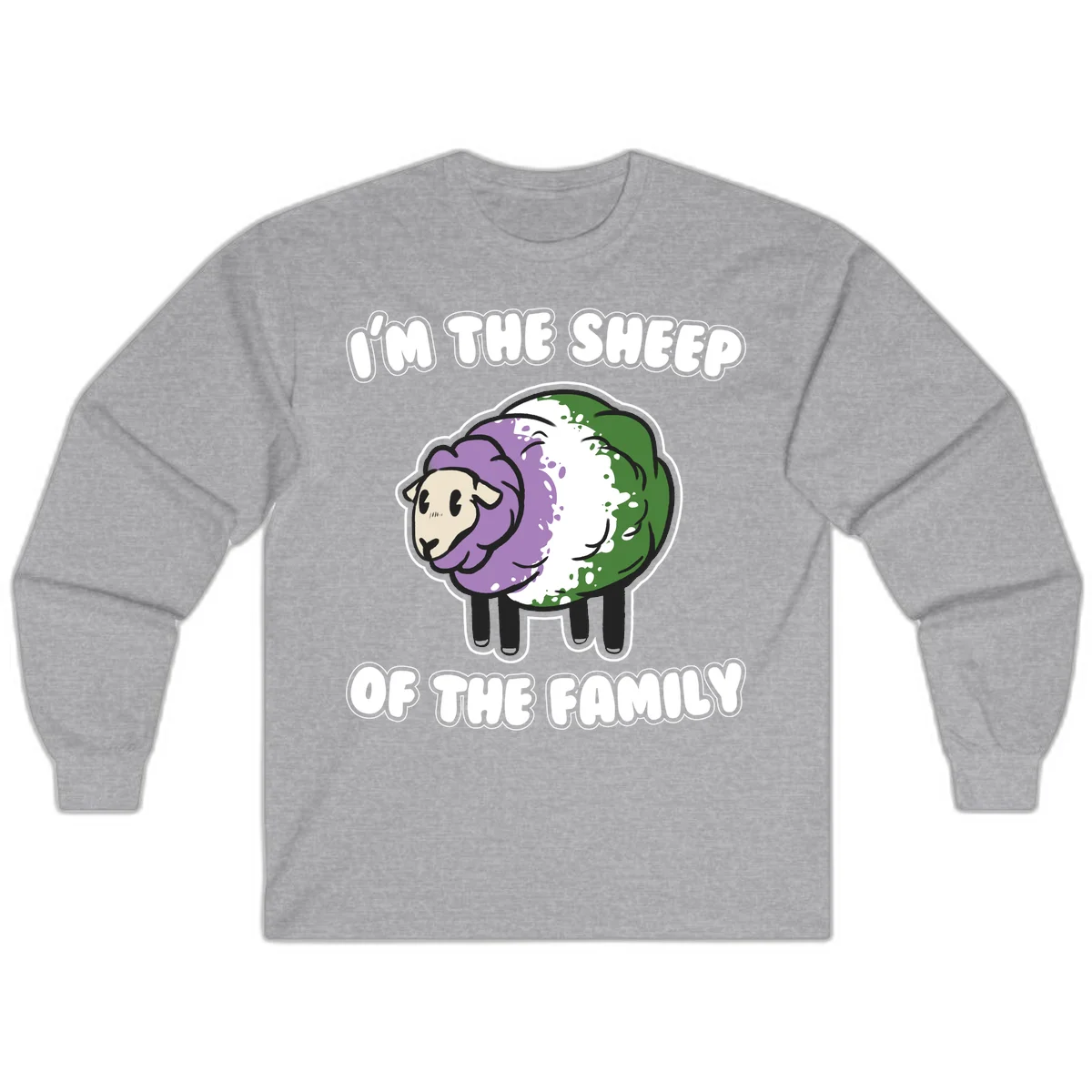 Cartoon sheep with purple, white, and green wool displaying 'I'm The Sheep Of The Family' text design in Sport Grey