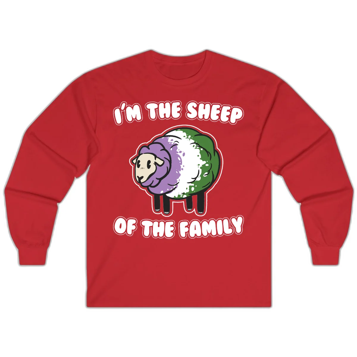 Cartoon sheep with purple, white, and green wool displaying 'I'm The Sheep Of The Family' text design in Red