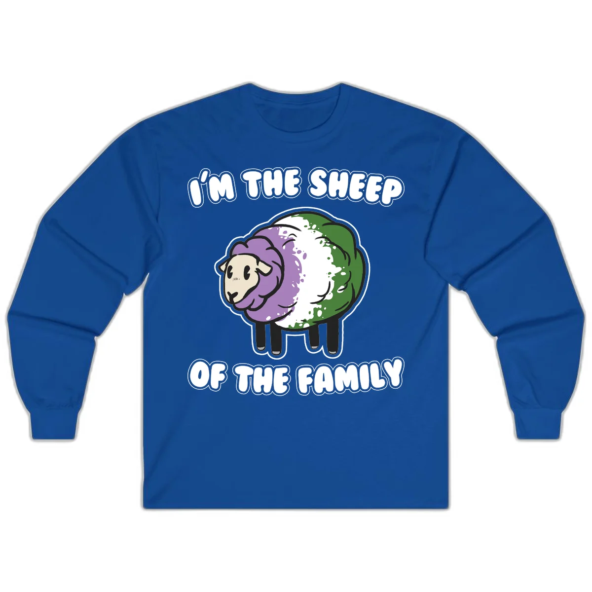 Cartoon sheep with purple, white, and green wool displaying 'I'm The Sheep Of The Family' text design in Royal