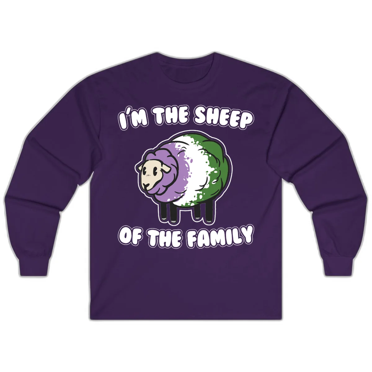 Cartoon sheep with purple, white, and green wool displaying 'I'm The Sheep Of The Family' text design in Purple