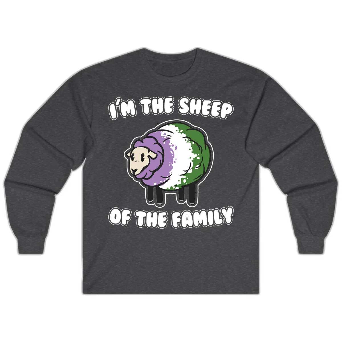 Cartoon sheep with purple, white, and green wool displaying 'I'm The Sheep Of The Family' text design in Dark Heather