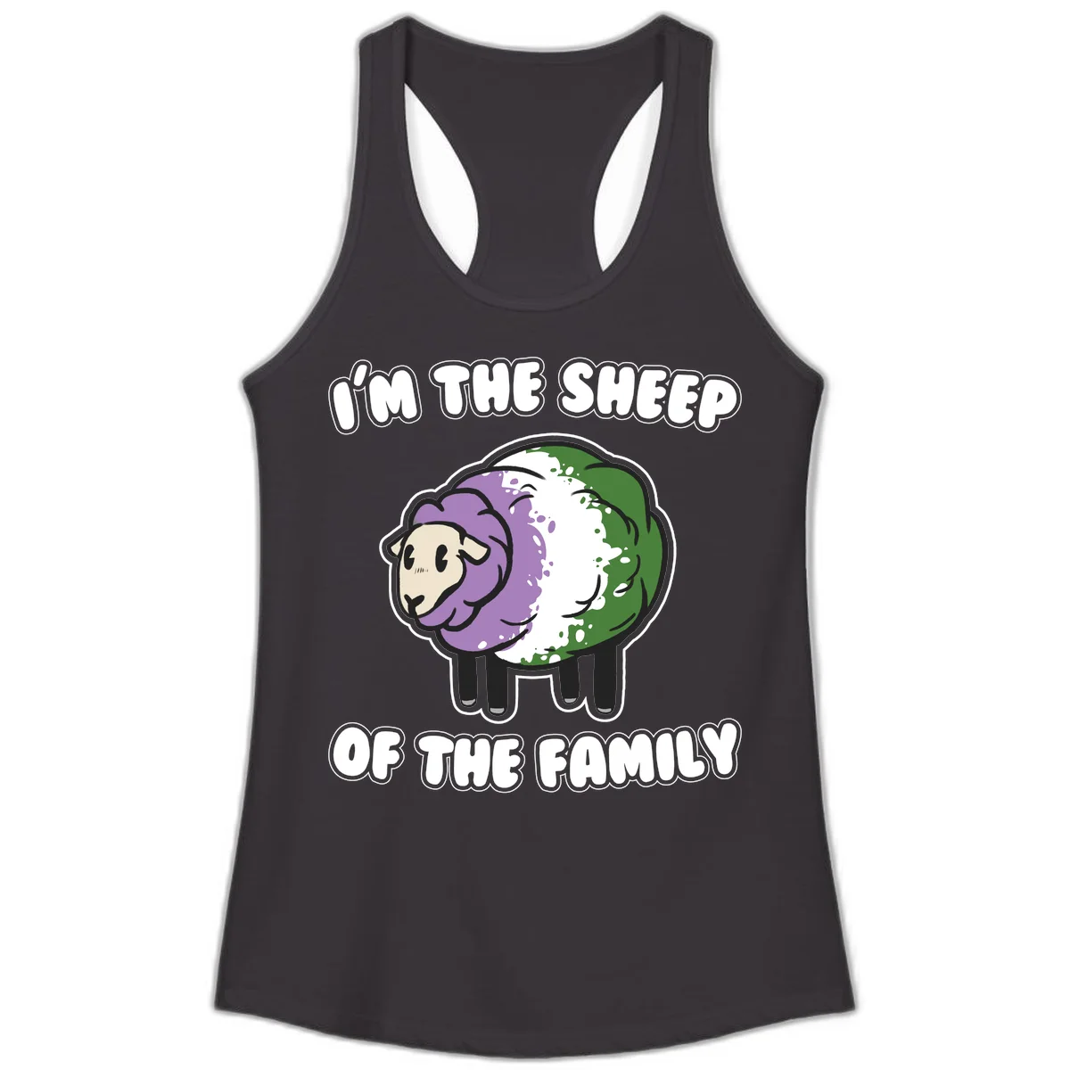 Cartoon sheep with purple, white, and green wool displaying 'I'm The Sheep Of The Family' text design in Black