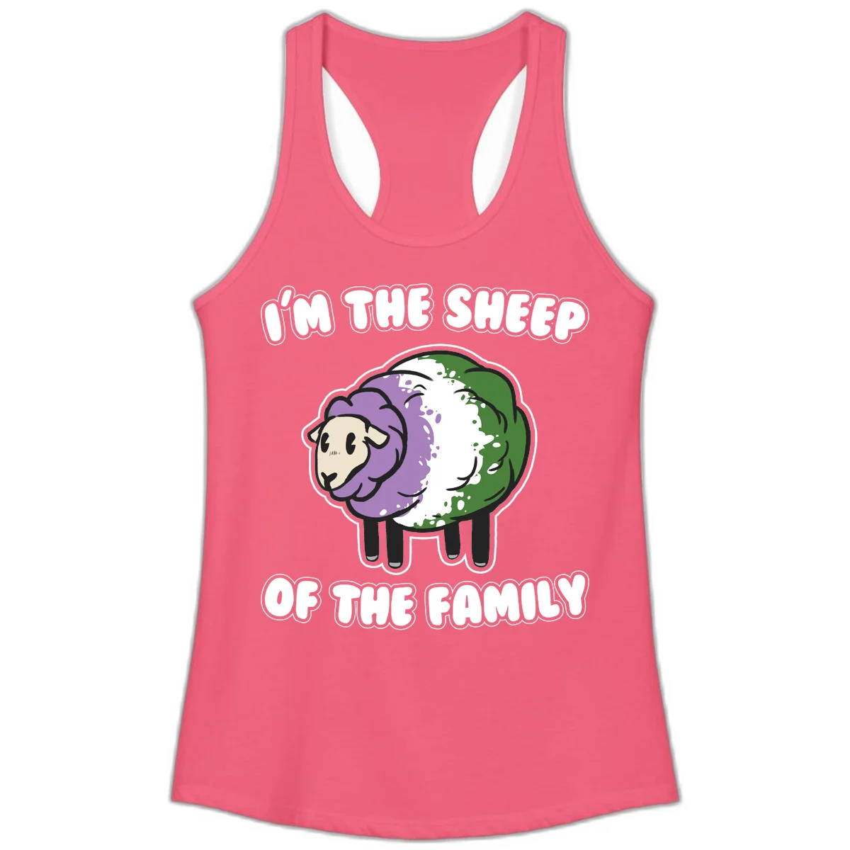 Cartoon sheep with purple, white, and green wool displaying 'I'm The Sheep Of The Family' text design in Hot Pink