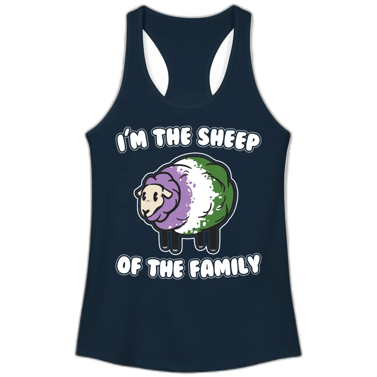 Cartoon sheep with purple, white, and green wool displaying 'I'm The Sheep Of The Family' text design in Solid Midnight Navy