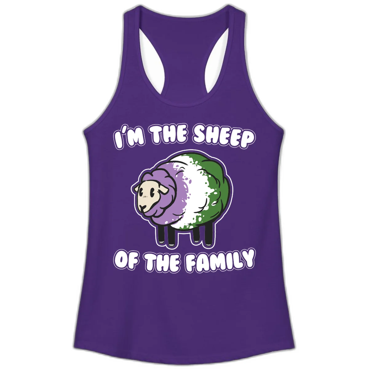 Cartoon sheep with purple, white, and green wool displaying 'I'm The Sheep Of The Family' text design in Solid Purple Rush