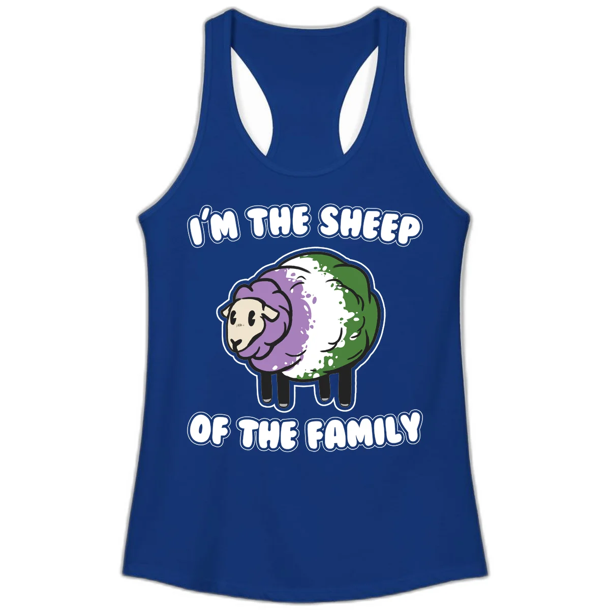 Cartoon sheep with purple, white, and green wool displaying 'I'm The Sheep Of The Family' text design in Solid Royal