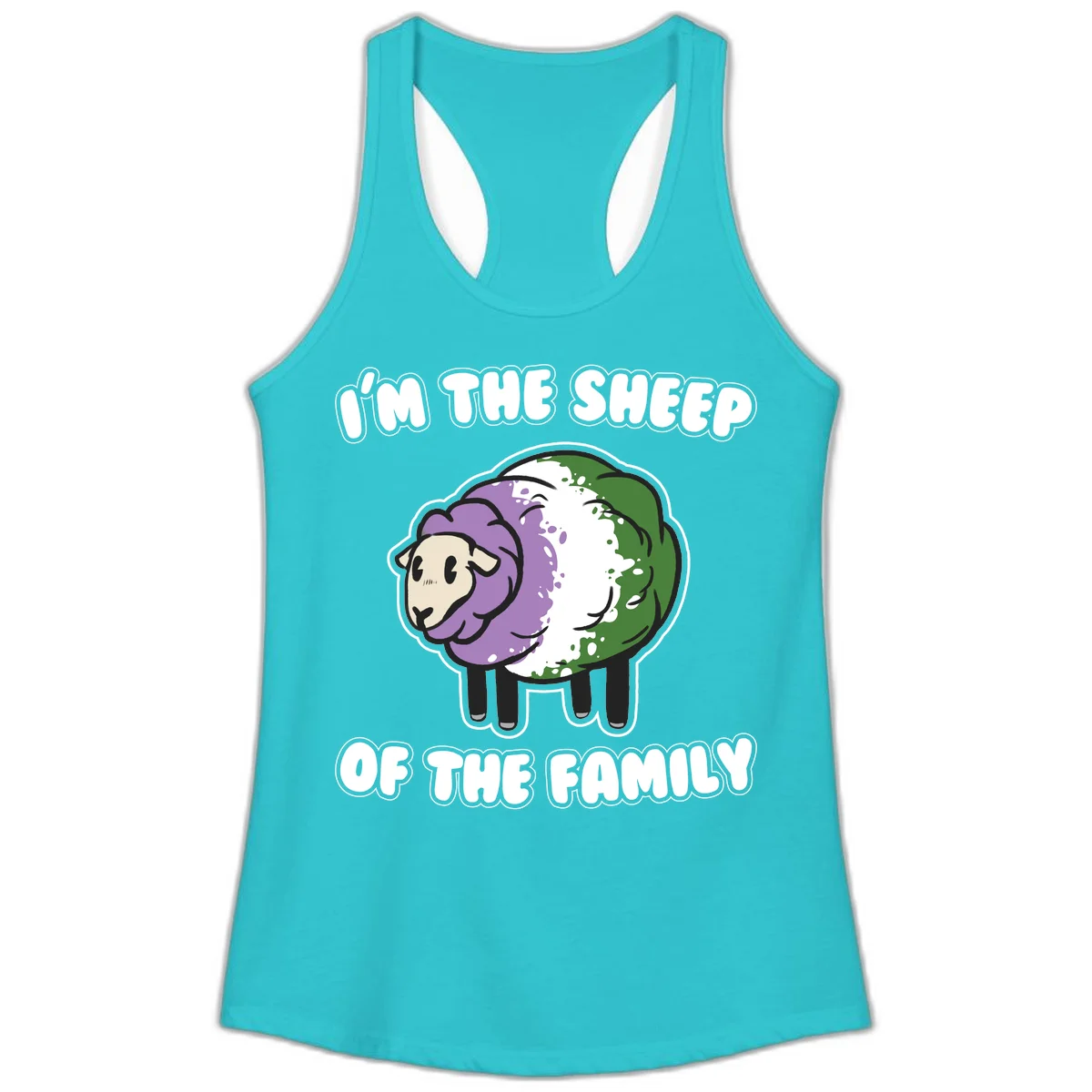 Cartoon sheep with purple, white, and green wool displaying 'I'm The Sheep Of The Family' text design in Solid Tahiti Blue