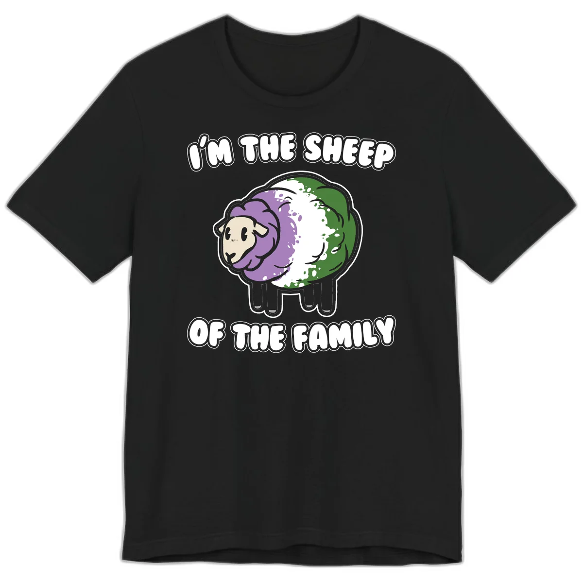 Cartoon sheep with purple, white, and green wool displaying 'I'm The Sheep Of The Family' text design in Black