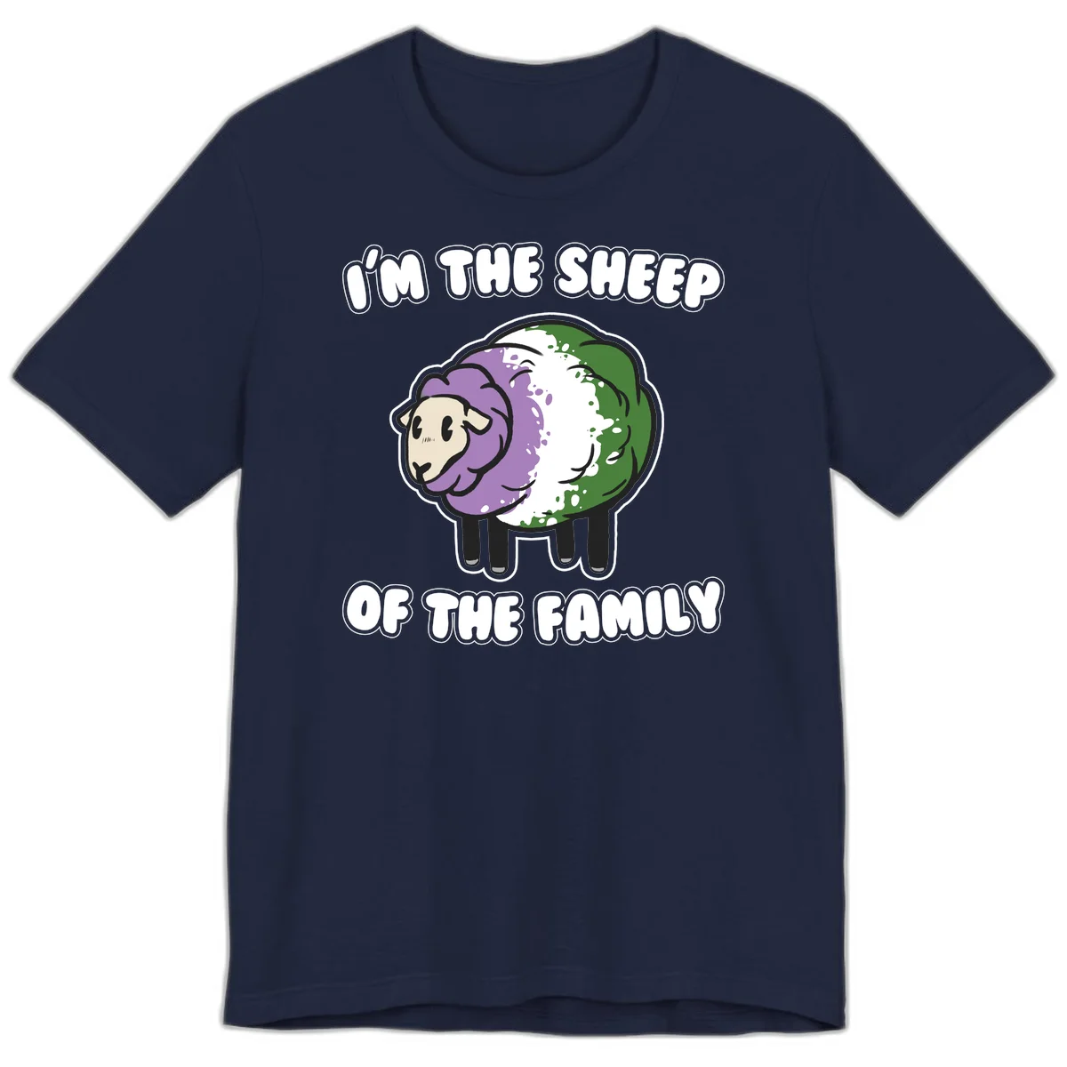 Cartoon sheep with purple, white, and green wool displaying 'I'm The Sheep Of The Family' text design in Navy