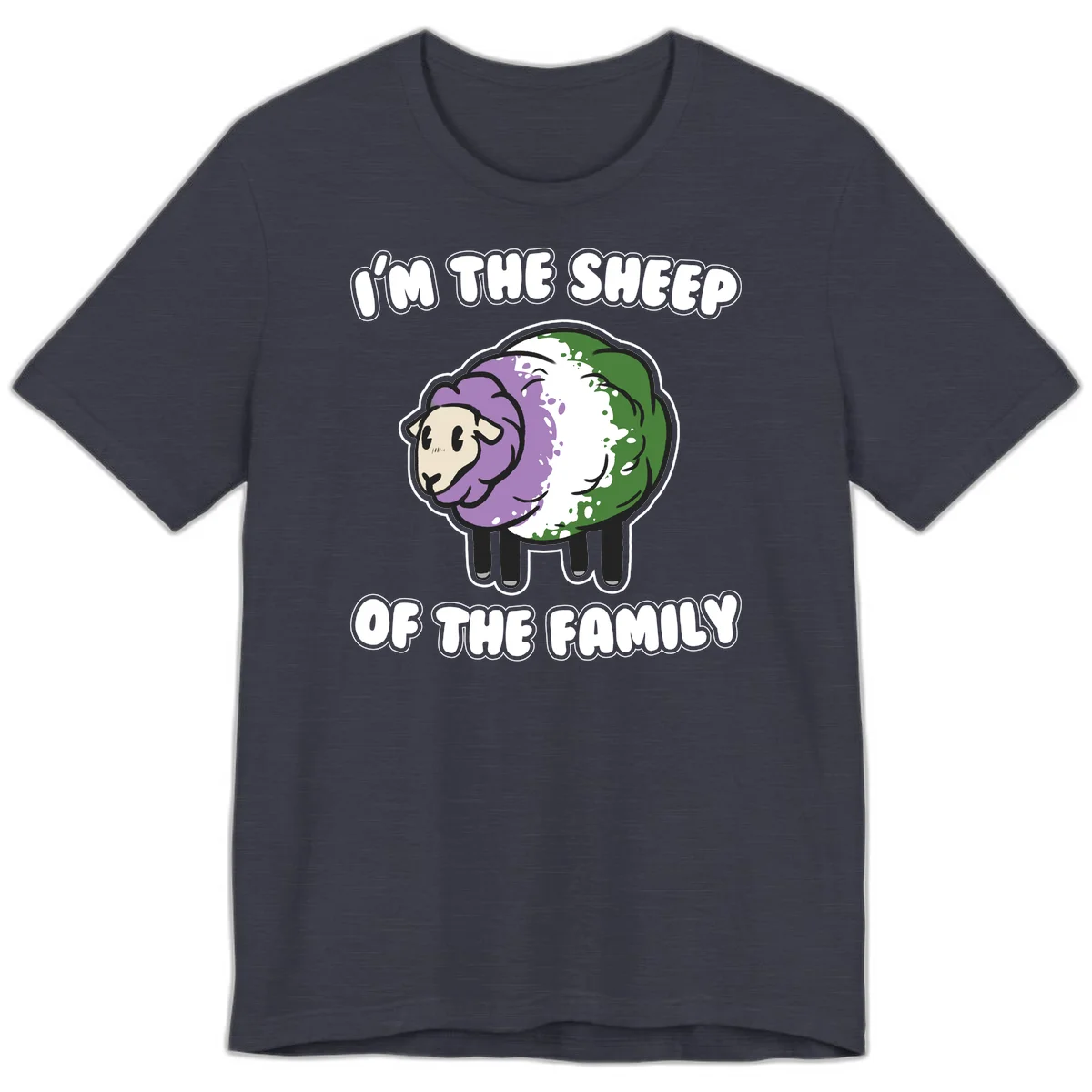 Cartoon sheep with purple, white, and green wool displaying 'I'm The Sheep Of The Family' text design in Heather Midnight Navy