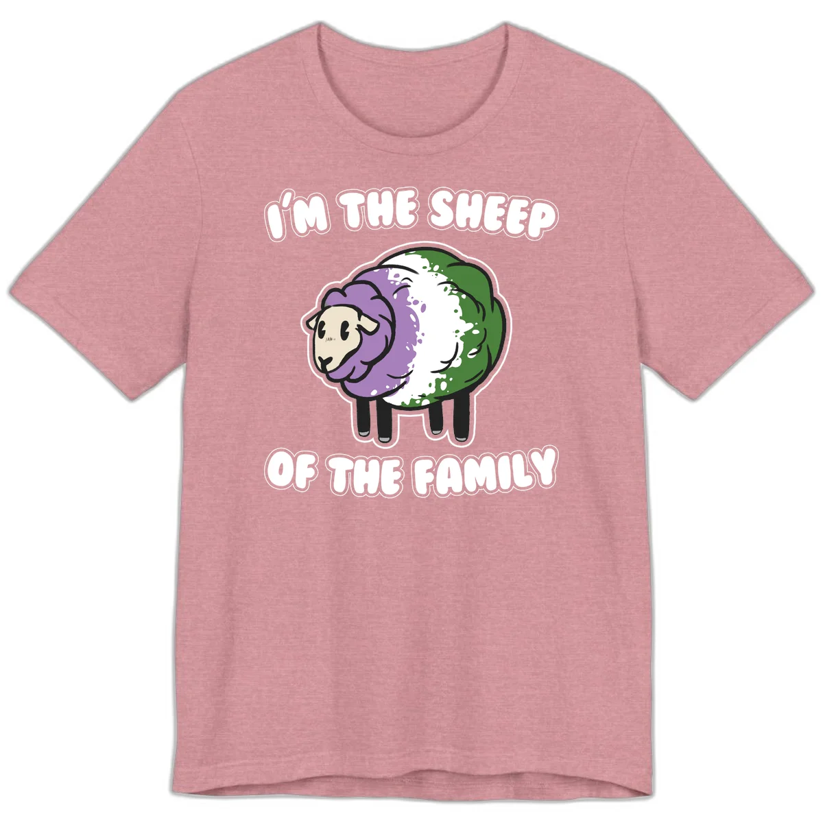Cartoon sheep with purple, white, and green wool displaying 'I'm The Sheep Of The Family' text design in Heather Orchid