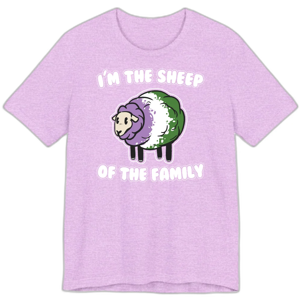 Cartoon sheep with purple, white, and green wool displaying 'I'm The Sheep Of The Family' text design in Heather Prism Lilac