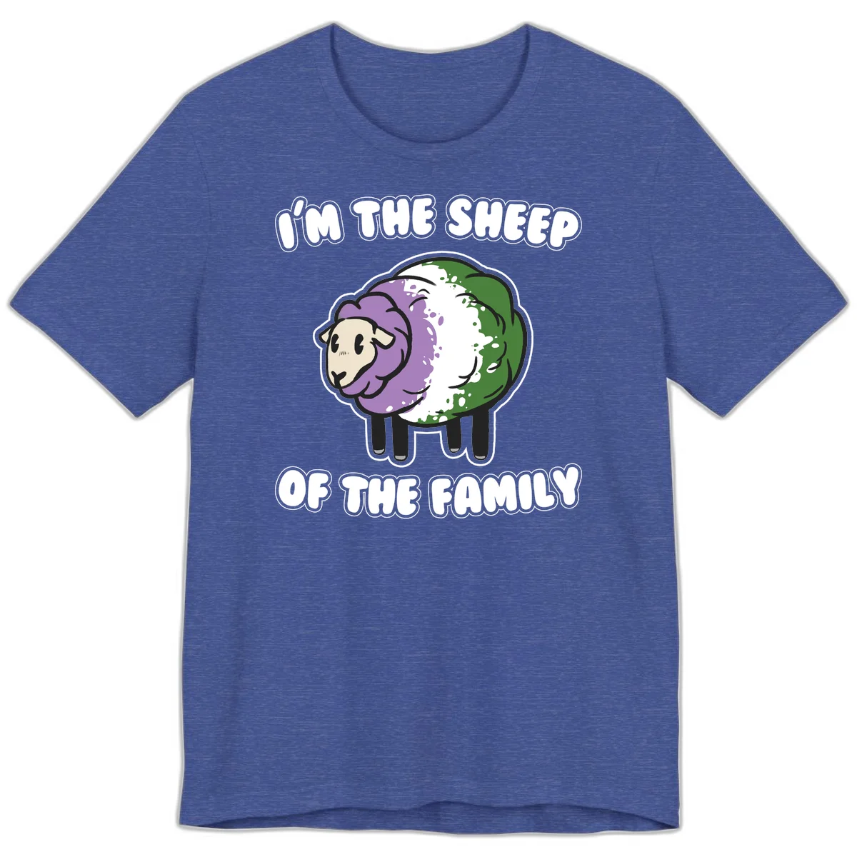 Cartoon sheep with purple, white, and green wool displaying 'I'm The Sheep Of The Family' text design in Heather True Royal