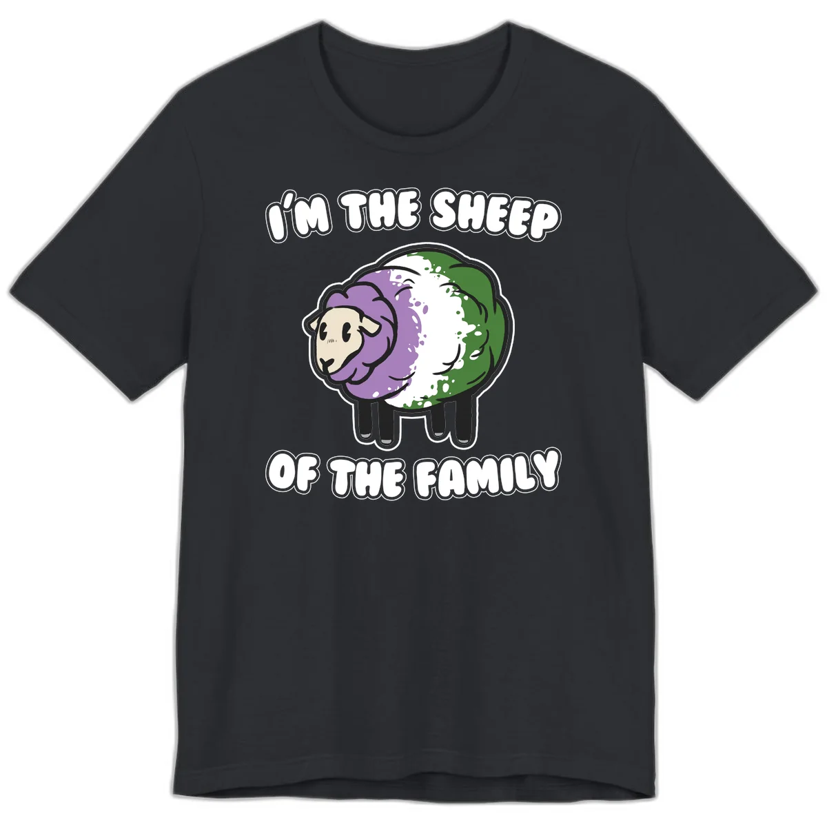 Cartoon sheep with purple, white, and green wool displaying 'I'm The Sheep Of The Family' text design in Vintage Black