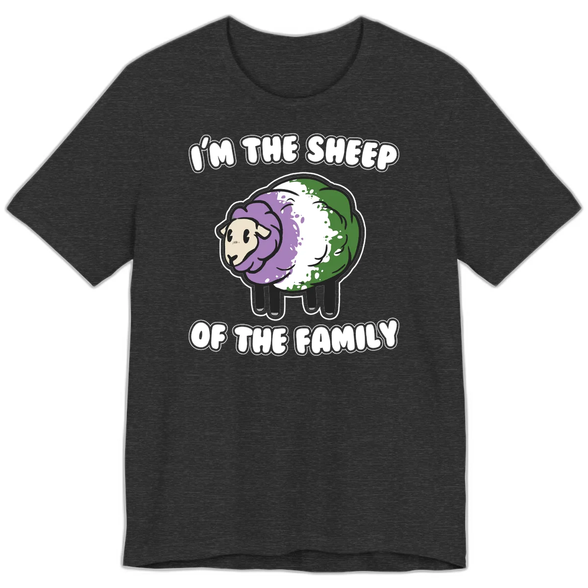 Cartoon sheep with purple, white, and green wool displaying 'I'm The Sheep Of The Family' text design in Dark Grey Heather
