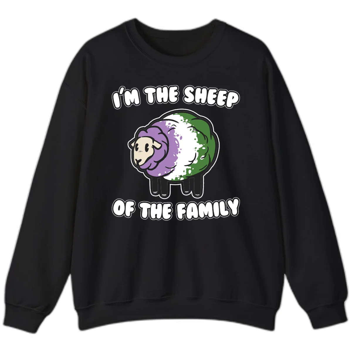 Cartoon sheep with purple, white, and green wool displaying 'I'm The Sheep Of The Family' text design in Black