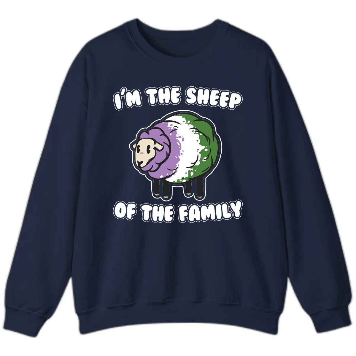 Cartoon sheep with purple, white, and green wool displaying 'I'm The Sheep Of The Family' text design in Navy