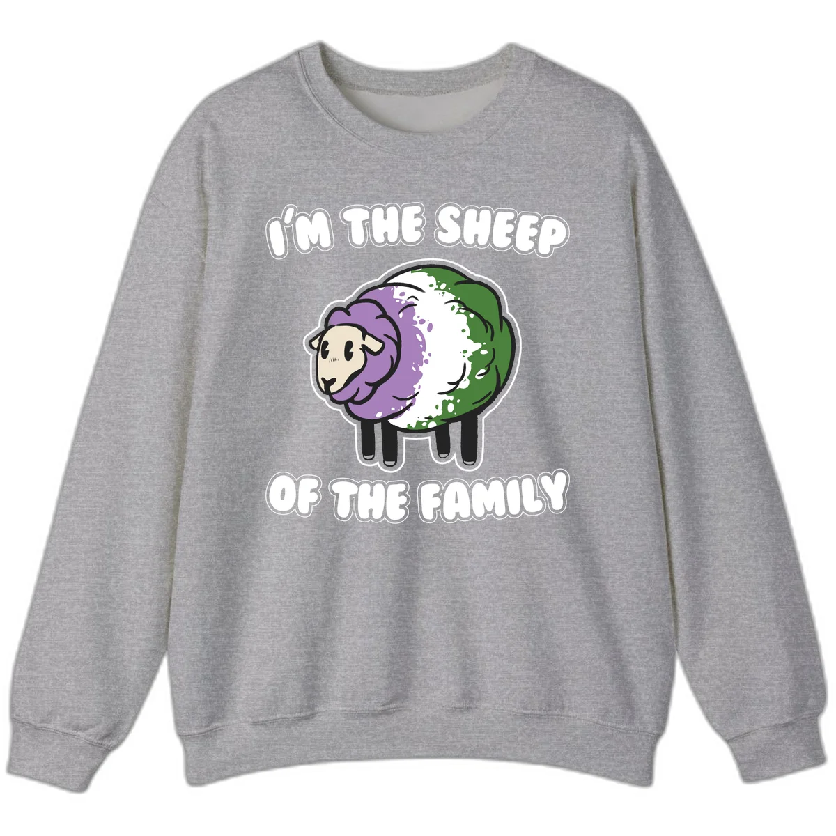 Cartoon sheep with purple, white, and green wool displaying 'I'm The Sheep Of The Family' text design in Sport Grey