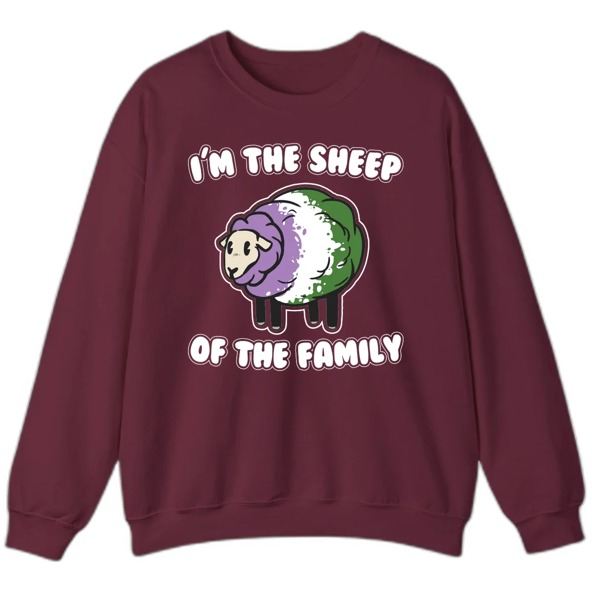 Cartoon sheep with purple, white, and green wool displaying 'I'm The Sheep Of The Family' text design in Maroon