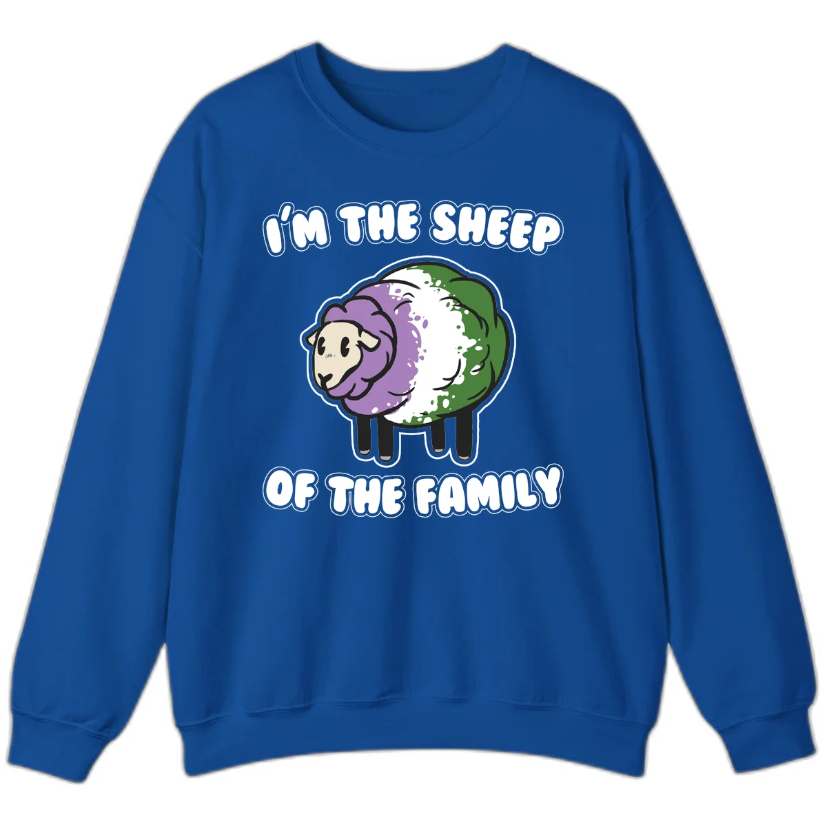 Cartoon sheep with purple, white, and green wool displaying 'I'm The Sheep Of The Family' text design in Royal