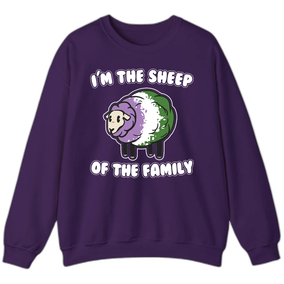 Cartoon sheep with purple, white, and green wool displaying 'I'm The Sheep Of The Family' text design in Purple