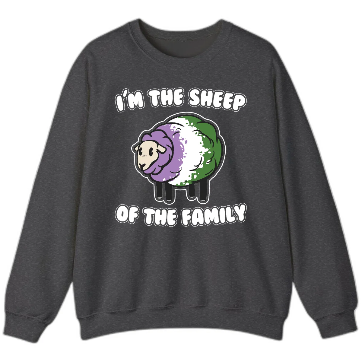 Cartoon sheep with purple, white, and green wool displaying 'I'm The Sheep Of The Family' text design in Dark Heather
