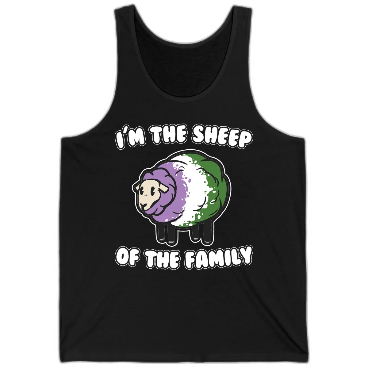 Cartoon sheep with purple, white, and green wool displaying 'I'm The Sheep Of The Family' text design in Black