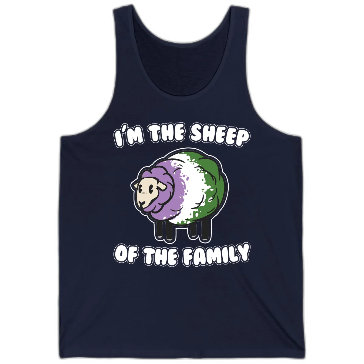 Cartoon sheep with purple, white, and green wool displaying 'I'm The Sheep Of The Family' text design in Navy