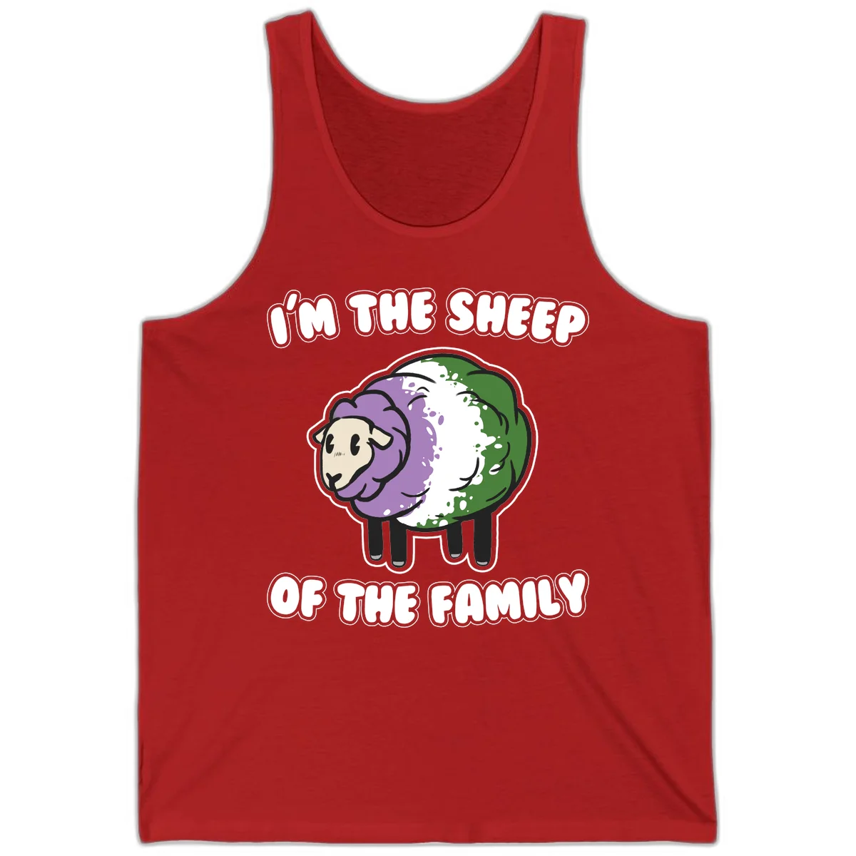 Cartoon sheep with purple, white, and green wool displaying 'I'm The Sheep Of The Family' text design in Red