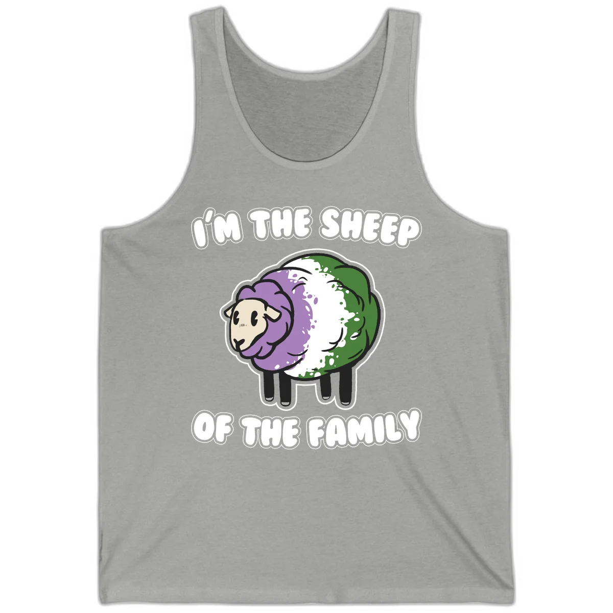 Cartoon sheep with purple, white, and green wool displaying 'I'm The Sheep Of The Family' text design in Athletic Heather