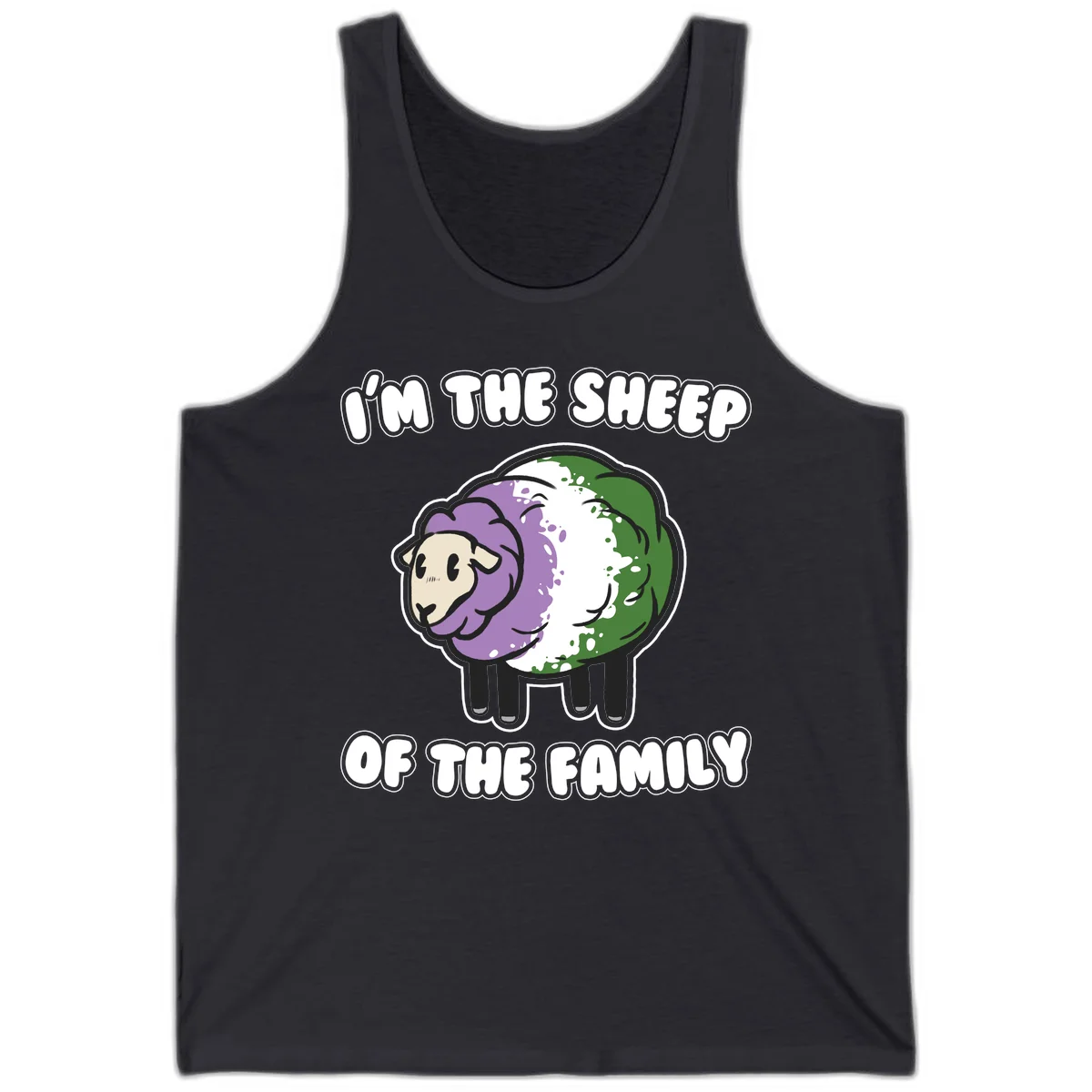 Cartoon sheep with purple, white, and green wool displaying 'I'm The Sheep Of The Family' text design in Dark Grey