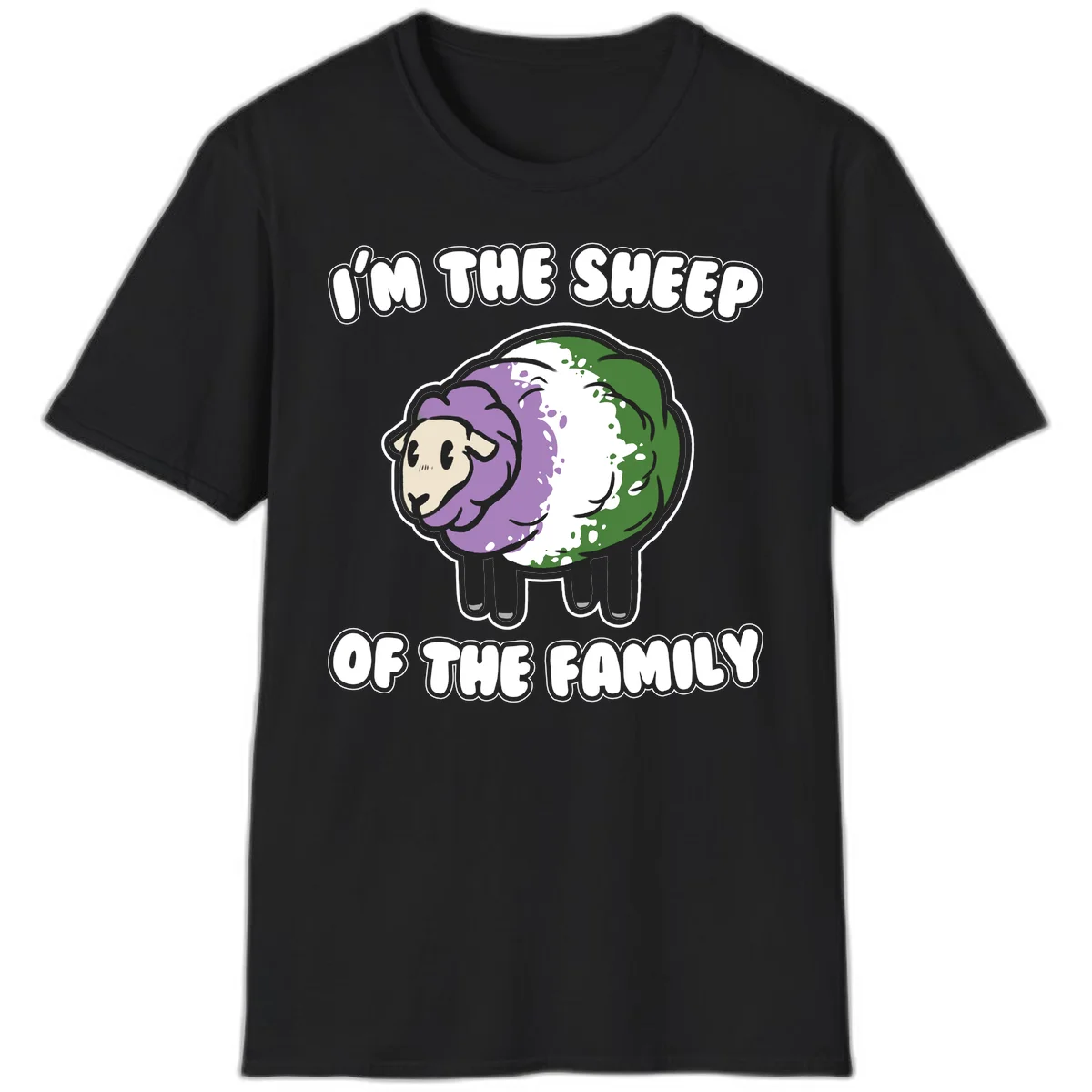 Cartoon sheep with purple, white, and green wool displaying 'I'm The Sheep Of The Family' text design in Black