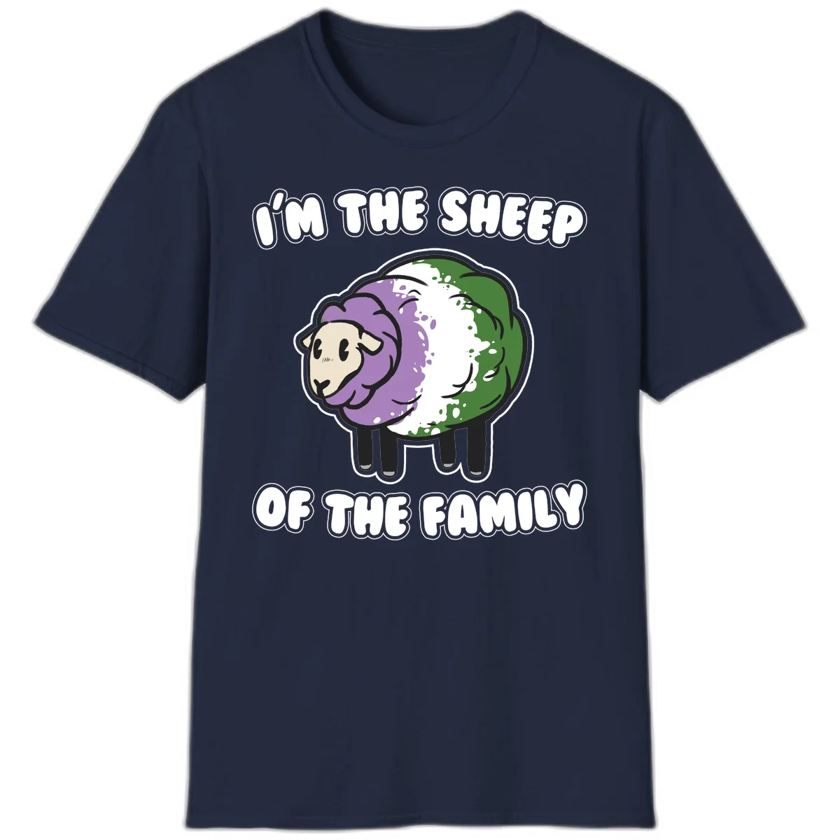 Cartoon sheep with purple, white, and green wool displaying 'I'm The Sheep Of The Family' text design in Navy