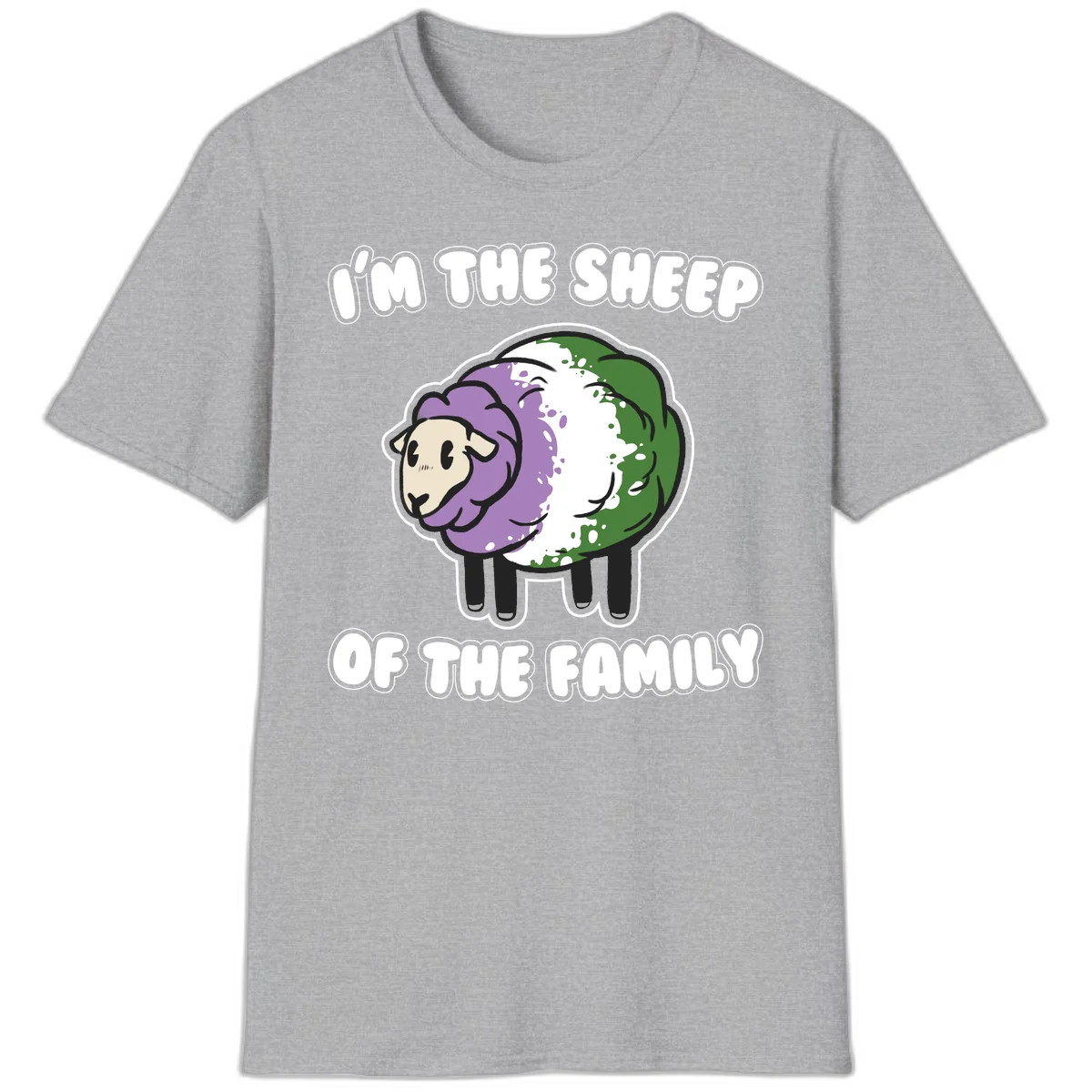 Cartoon sheep with purple, white, and green wool displaying 'I'm The Sheep Of The Family' text design in Sport Grey