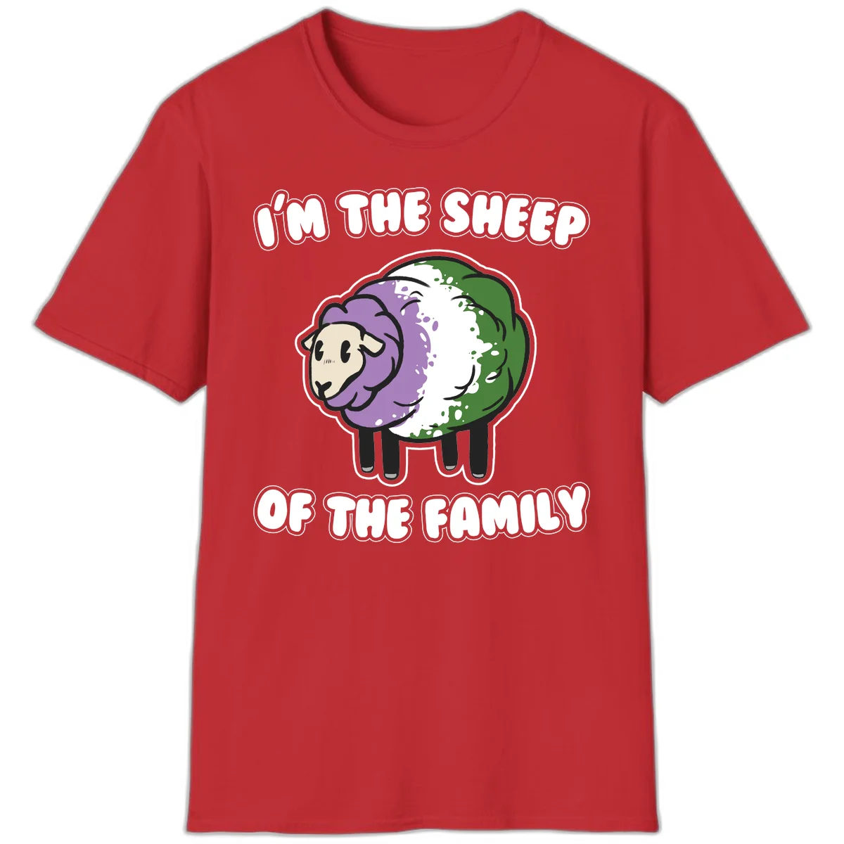 Cartoon sheep with purple, white, and green wool displaying 'I'm The Sheep Of The Family' text design in Red