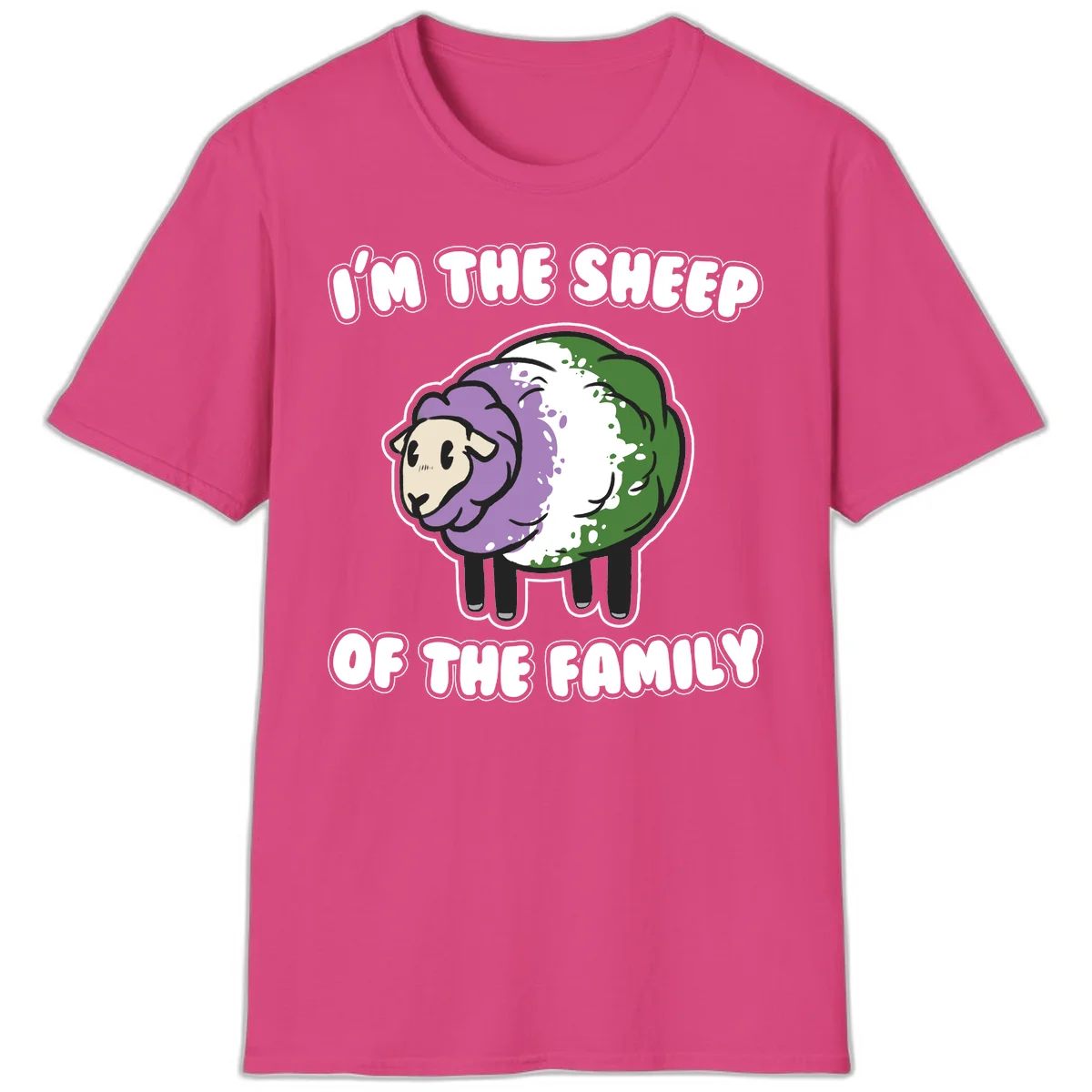 Cartoon sheep with purple, white, and green wool displaying 'I'm The Sheep Of The Family' text design in Heliconia