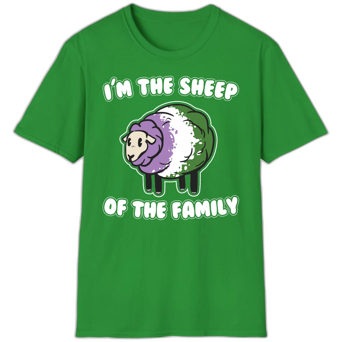 Cartoon sheep with purple, white, and green wool displaying 'I'm The Sheep Of The Family' text design in Irish Green