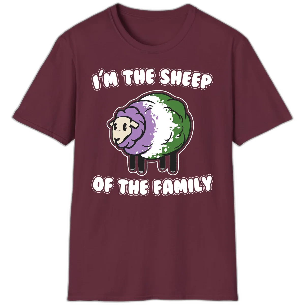 Cartoon sheep with purple, white, and green wool displaying 'I'm The Sheep Of The Family' text design in Maroon