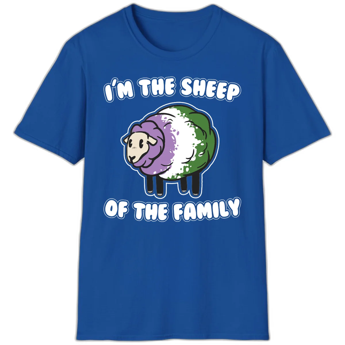 Cartoon sheep with purple, white, and green wool displaying 'I'm The Sheep Of The Family' text design in Royal