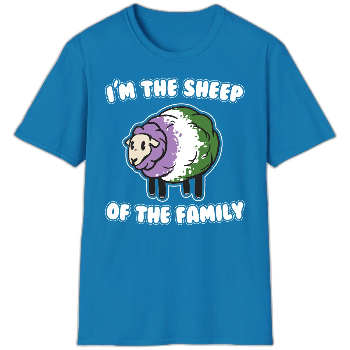 Cartoon sheep with purple, white, and green wool displaying 'I'm The Sheep Of The Family' text design in Sapphire