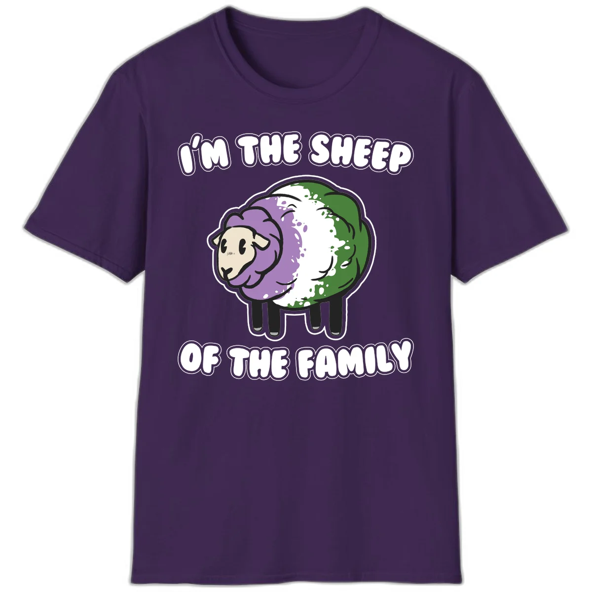 Cartoon sheep with purple, white, and green wool displaying 'I'm The Sheep Of The Family' text design in Purple