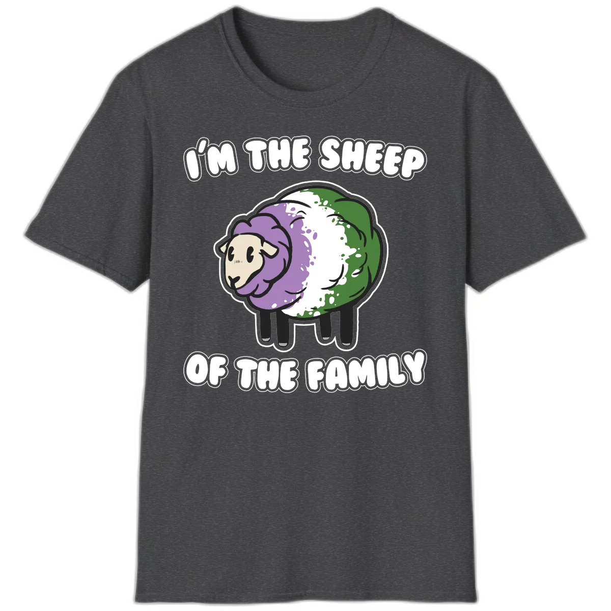 Cartoon sheep with purple, white, and green wool displaying 'I'm The Sheep Of The Family' text design in Dark Heather