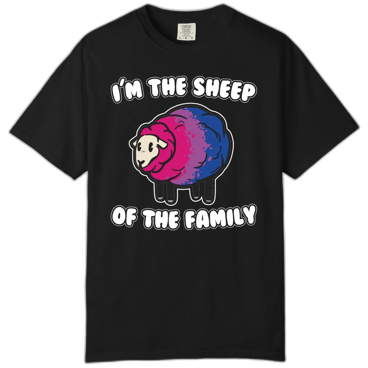 Colorful cartoon sheep with gradient pink, purple, and blue wool, text reads 'I'm the sheep of the family' in Black