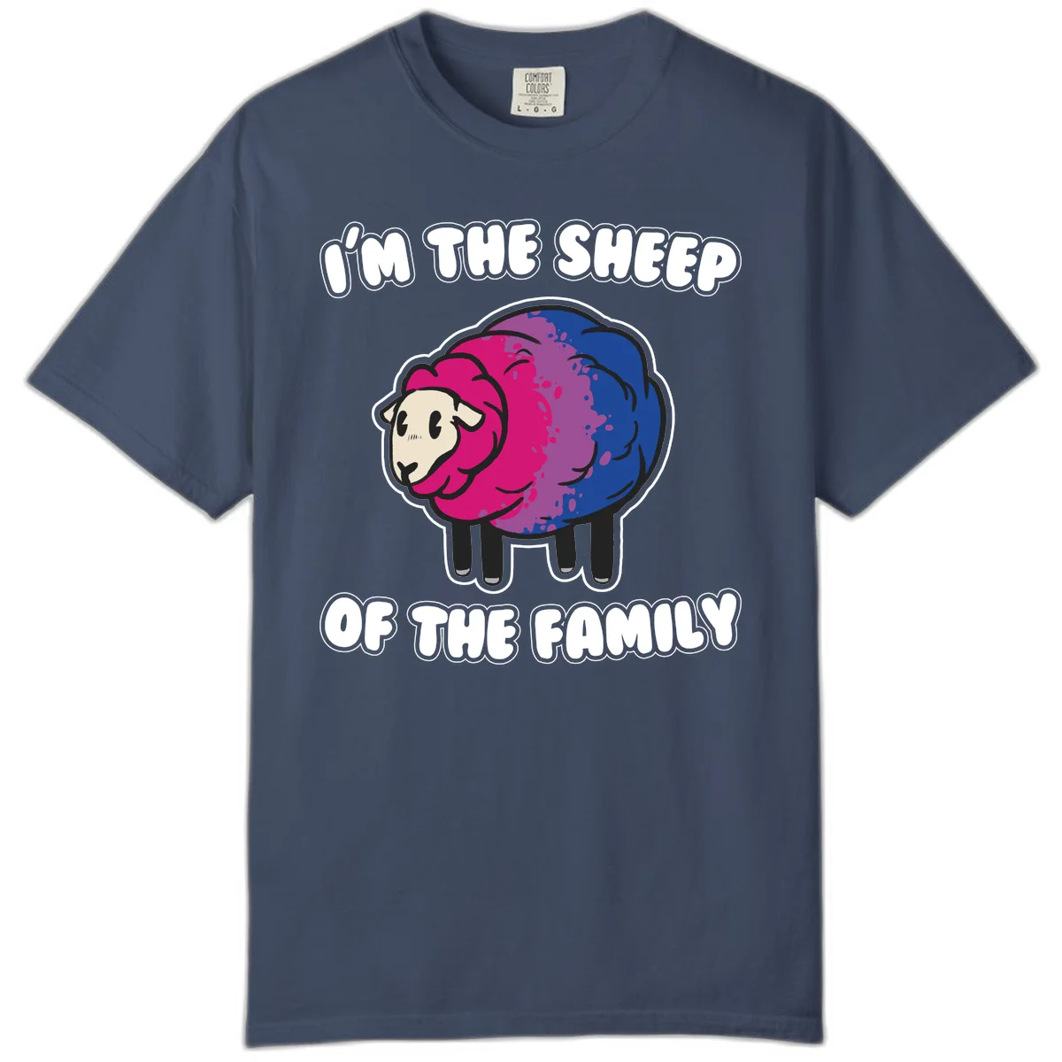 Colorful cartoon sheep with gradient pink, purple, and blue wool, text reads 'I'm the sheep of the family' in Midnight