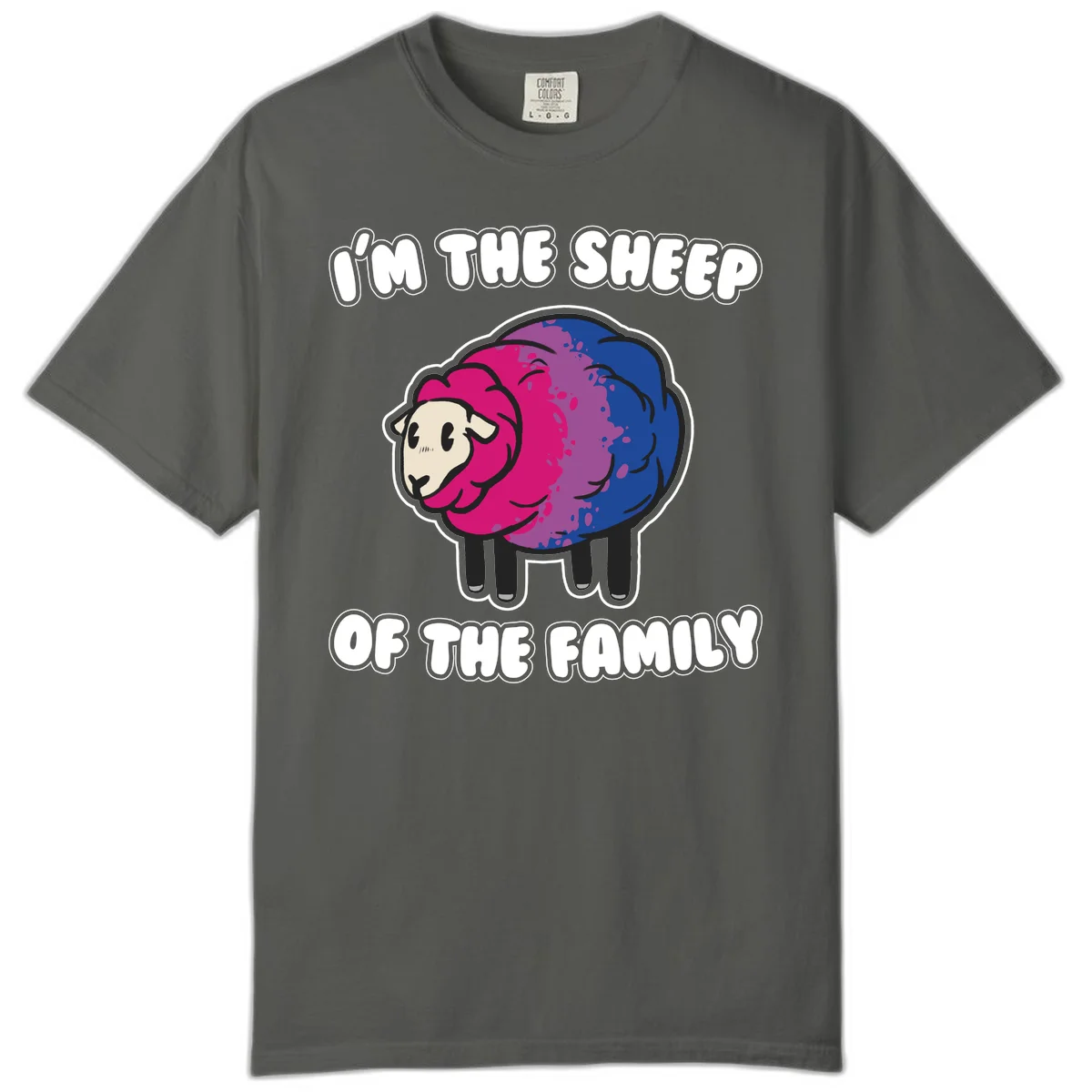 Colorful cartoon sheep with gradient pink, purple, and blue wool, text reads 'I'm the sheep of the family' in Pepper