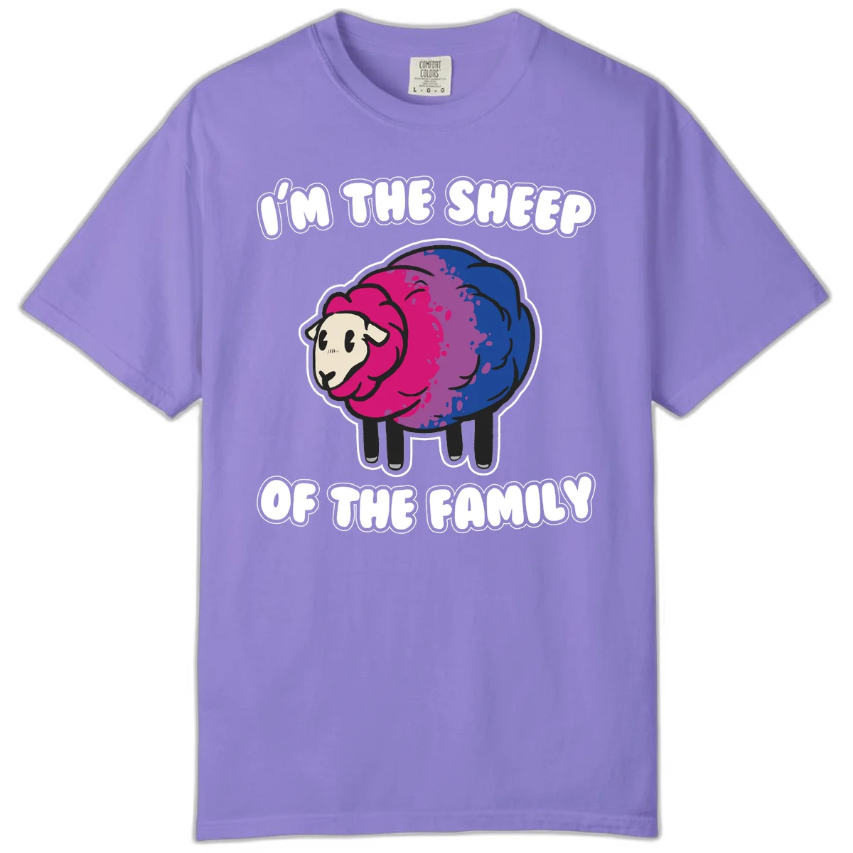 Colorful cartoon sheep with gradient pink, purple, and blue wool, text reads 'I'm the sheep of the family' in Violet